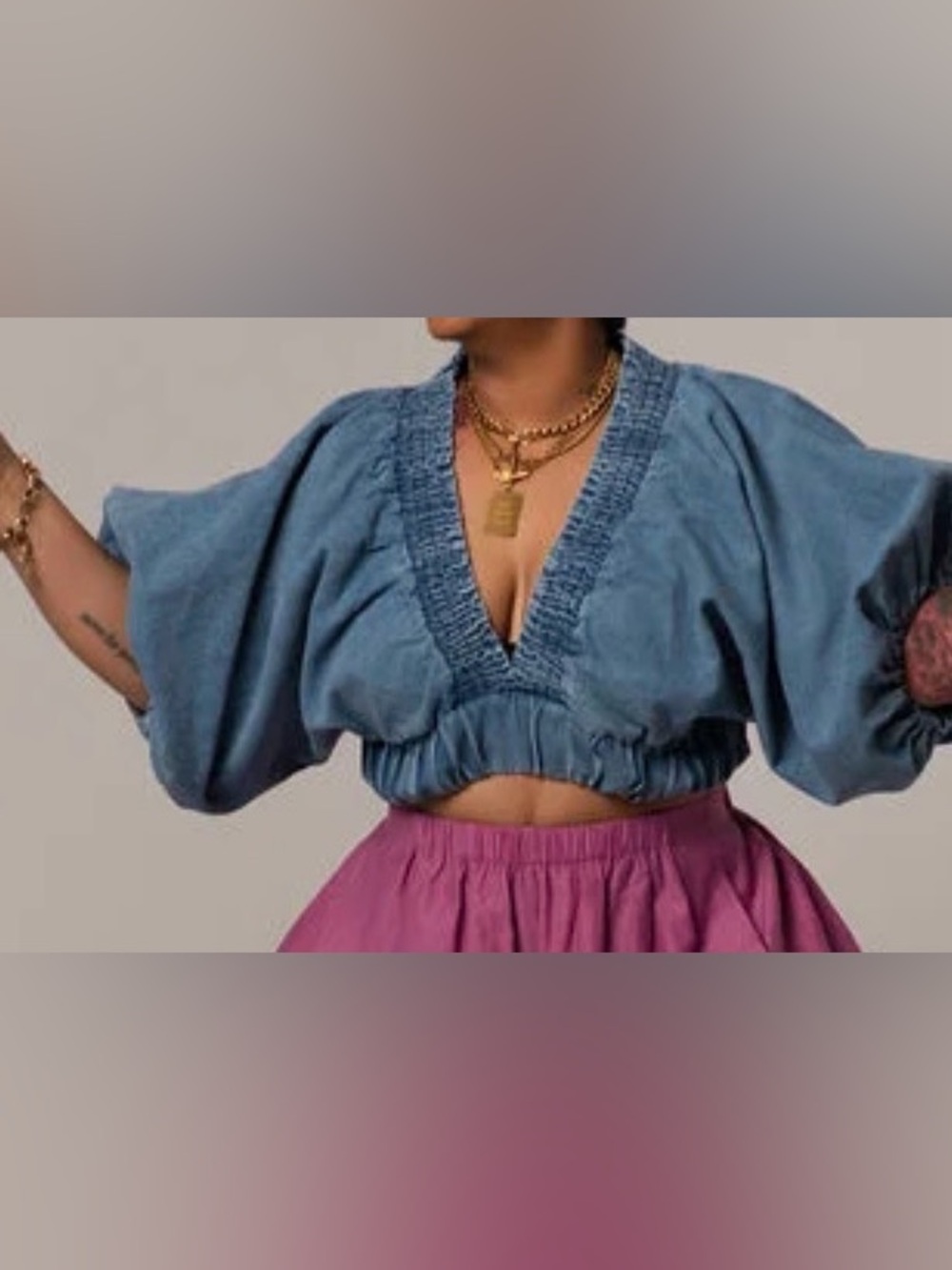 Denim Puff Sleeve Crop Top - Women's Size Large (10)